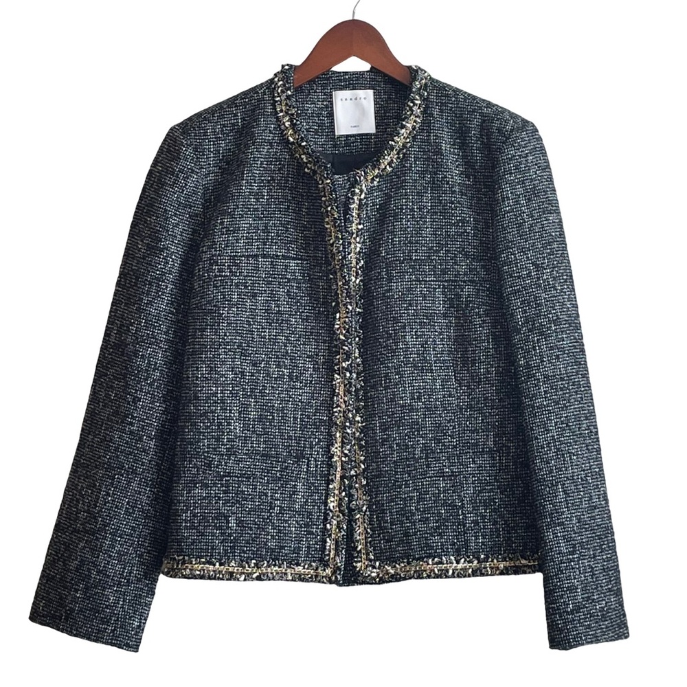 Sandro Paris Tweed Jacket Fringe Black White Gold Tone Chain Detail Sz 42